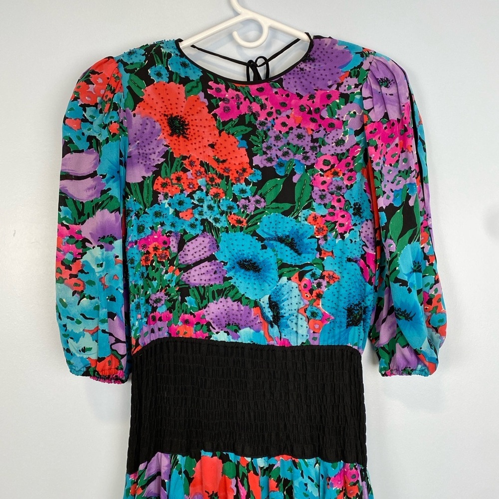 Vtg 70s 80s Designer Diane Freis Silk Beaded Floral Signature Dress Sz Large L - Picture 4 of 13